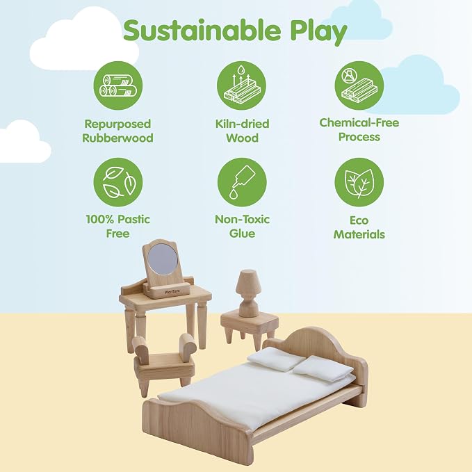 PlanToys® Wooden Victorian Bedroom Set | Montessori Dollhouse Furniture for Daily Routine Play, Social Skills & Imaginative Storytelling | Eco Friendly Wooden Bedroom Accessories for Dollhouse