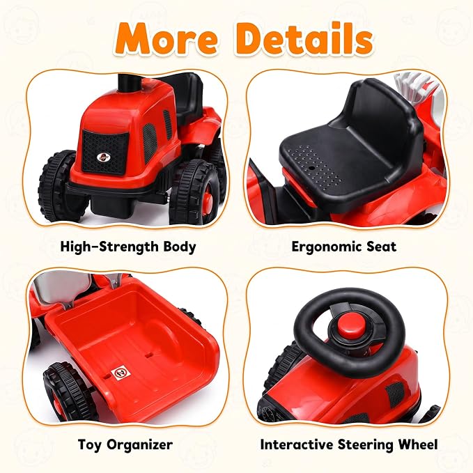 Kids Ride on Tractor, 2 in 1 Foot to Floor Push Car w/Detachable Trailer, Horn, Rake & Shovel, No Power Sliding Toy Gift for Toddlers, Outdoor Ride on Construction Vehicle (Red)