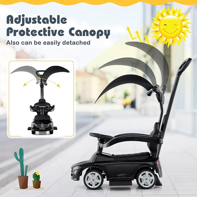 Costzon Push Car for Toddlers, 3 in 1 Mercedes Benz Stroller Sliding Walking Car w/Canopy, Handle, Safety Bar, Horn Sound, Underneath Storage, Foot-to-Floor Ride On Toy for Boys & Girls (Black)