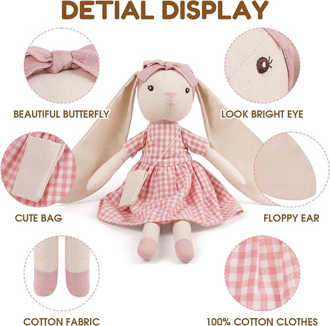 15" Bunny Stuffed Animal for Girls, Plush Toy Doll -Wearing Pink Plaid Dress,Cute Doll Set Dress Up for 3 4 5 Year Old Girl - Gift for Little Girl, Birthday, Easter,Christmas