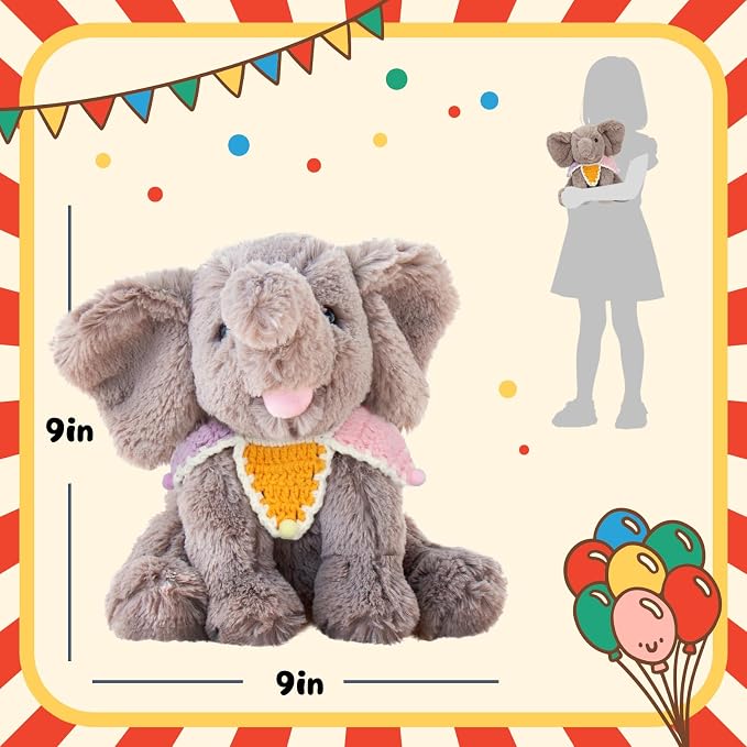 Hopearl Adorable Plush Calf Elephant Toy with Colorful Knitted Bib Floppy Elephish Ultra Soft Haggable Stuffed Animal Holiday Birthday Gift for Boys Girls Kids Toddlers, Gray, 9''