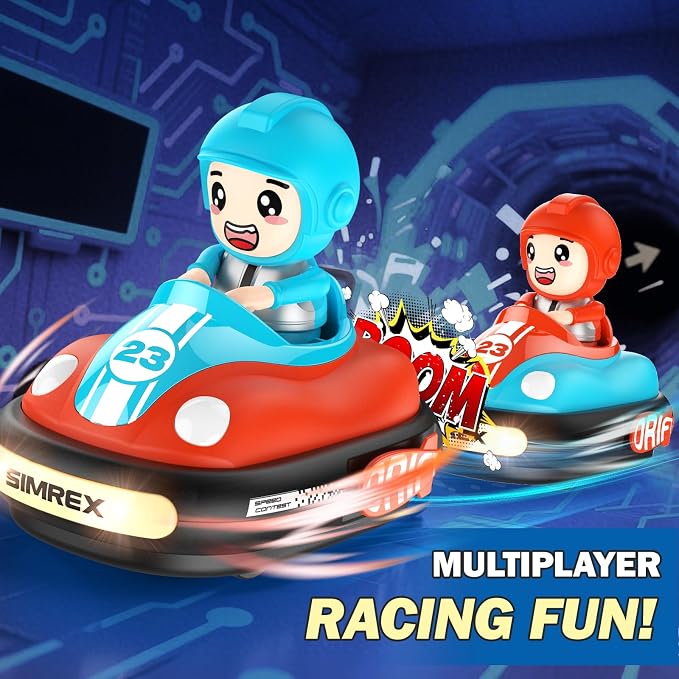 SIMREX 2-Player RC Bumper Cars Set for Kids 3+— Remote Control Battle Cars with LED Lights, Music & Sound, Indoor Play & Party Gift Toys for Boys & Girls