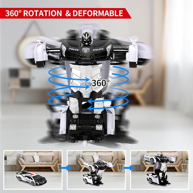 Blackma Remote Control Car -Transform, One-Button Deformation & 360°Rotating Drifting, Transform Robot RC Car with LED Light, Toy Gifts for 4 5 6 7 8 9 10 11 12 Years Old Boy (White)
