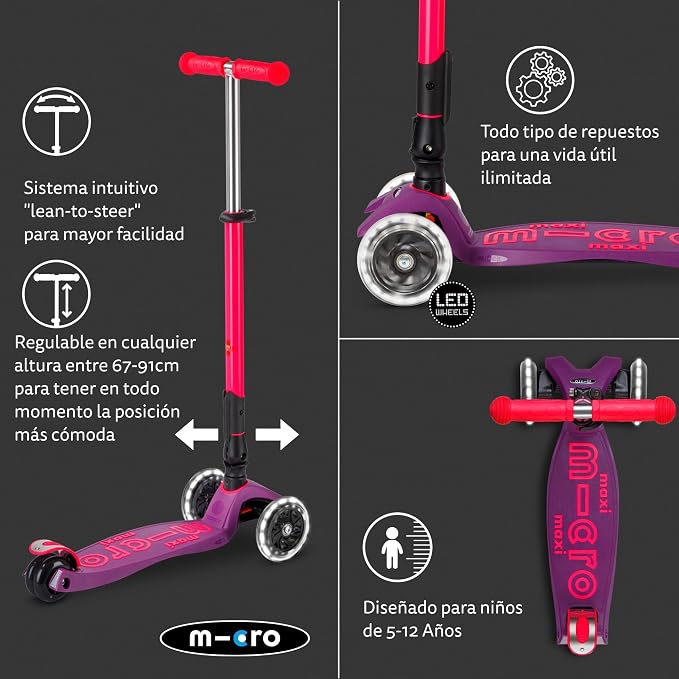 Micro Kickboard | Maxi Foldable LED Kids Scooter for Ages 5-12 | Children up to 110 lbs | 3 Wheel Lean-to-Steer Design | Adjustable T Bar | Smooth Ride, Motion Activated PU LED Wheels | Swiss Design