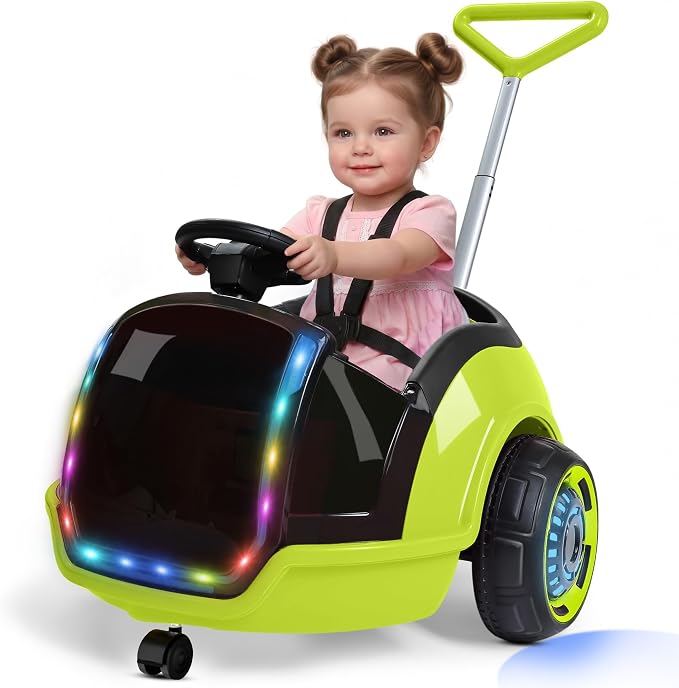 ANPABO 3-in-1 Electric Push Ride On Car, 12V Kids Ride On Toy w/Remote Control, 360° Spin, 5-Point Safety Belt, Colorful LED Light, Music Player, Push Car for Toddler Ages 1-3 (Green)