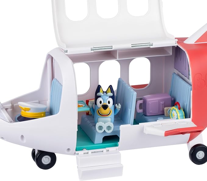 Bluey Adventure Plane, Airplane Toys, Pilot Figure and Accessories | Open side with fold-down stairs, family seating, and luggage storage in this airplanes for kids playset