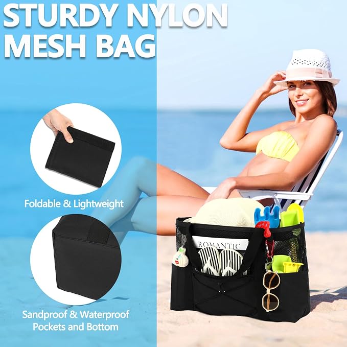 Fammart Mesh Beach Bag for Women, Large Beach Toy Pool Bag with Zipper Pocket, SandProof Cruise Essentials 2026 Family Travel
