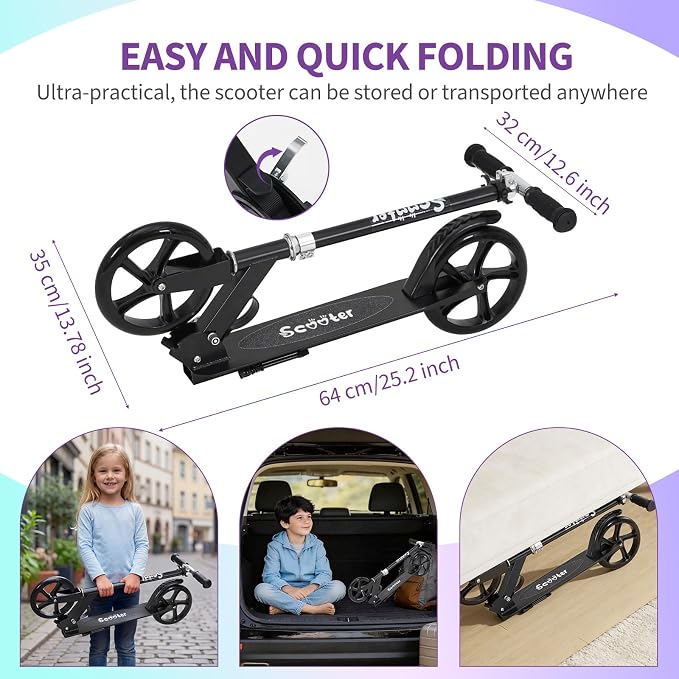 Kick Scooter for Ages 6+,Foldable Lightweight 8IN Big Wheels Scooter for Kids, Teen and Adults, 3 Adjustable Levels