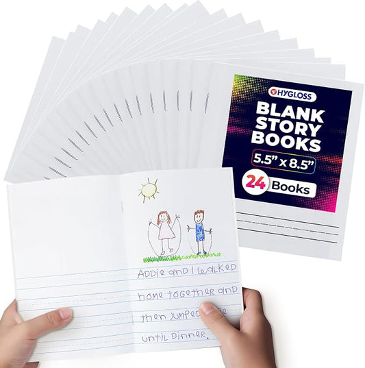 Hygloss Half Blank Books for Kids to Write Stories & Illustrate – Bulk 24 Pack – 5.5" x 8.5" A5 – Primary Journal for Grades K-2, Preschool/Kindergarten Notebook with Picture Space – 24 Pages, White