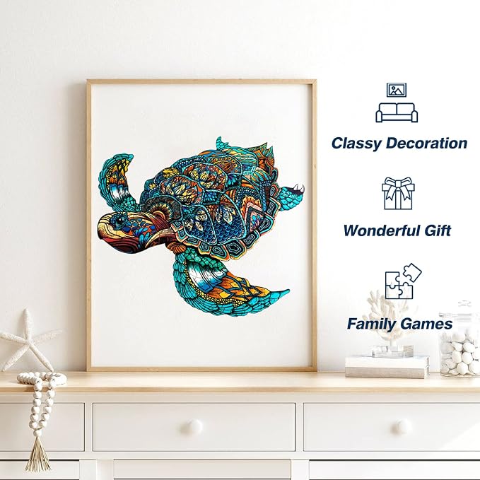 Jigfoxy Wooden Puzzles for Adults, Sea Turtle Wooden Jigsaw Puzzles for Adults Kids, Unique Animal Shape Wood Cut Puzzles, Christmas Thanksgiving Gifts for Friend Turtle Lover (L-14.9*12.6in-301pcs)