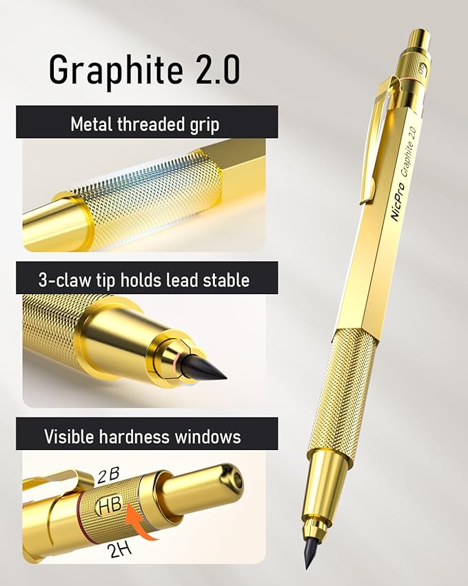 Nicpro 35PCS Gold Art Mechanical Pencils Set, 3 PCS Metal Drafting Pencil 0.5 mm & 0.7 mm & 0.9 mm & 3 PCS 2mm Lead Holder (6B 4B 2B HB 2H 4H Colors) For Sketching Drawing With 20 Tube Lead Refills