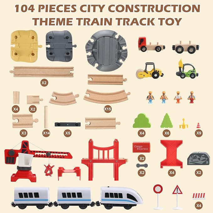 104 Pcs Wooden Train Set for Toddlers, Magnetic Trains with Track for Kids Ages 3-6, Compatiable with Major Brands, Construction Railway Playset Gifts for Boys and Girls Ages 3+