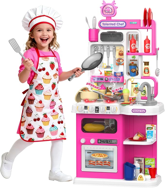 Kids Kitchen Playset, 36.22'' Play Kitchen for Toddlers 3-5 with Steam, Sound & Light, Cooking Stove, Play Sink, Oven and Toy Kitchen Accessories, Kitchen Set for Toddlers Girls 3 4 5 (Pink)