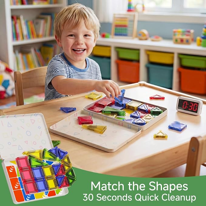 Mini Magnetic Tiles for Kids Travel: 40 PCS Cartoon Tin Box Magnet Building Blocks to Stop Crying - 60 Mins Quiet Play 30s Cleanup - Birthday Gift Boys Girls Age 3-8