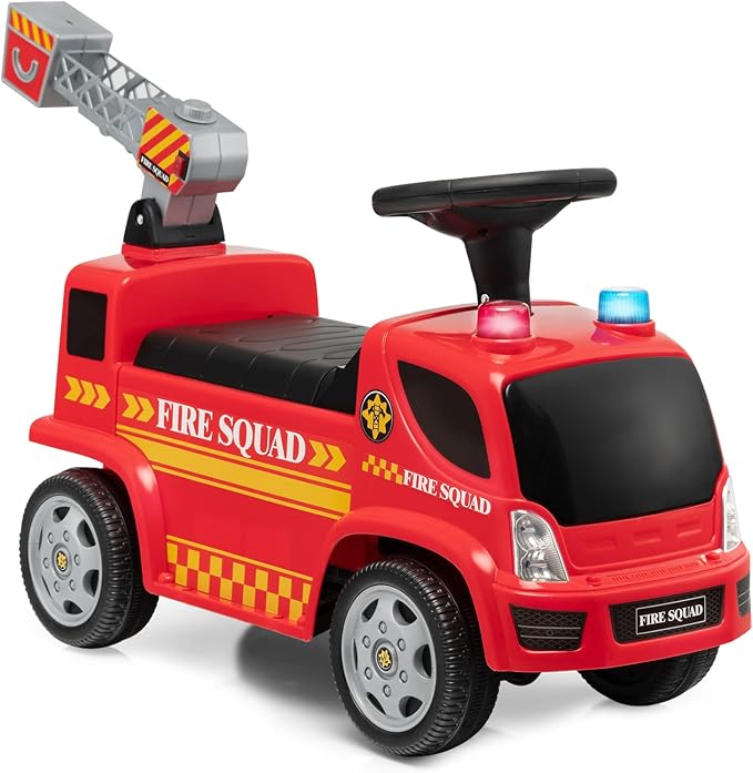 HONEY JOY Ride On Push Car with Bubble Maker, Fire Engine Push Cars for Toddlers w/Horn, Music, Lights, Under Seat Storage, Foot-to-Floor Ride On Fire Truck Toy for Kids Boys Girls, Red