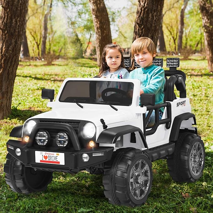 Costzon 2-Seater Ride on Truck, 12V Battery Powered Electric Vehicle Toy w/Storage, Remote Control, 3 Speed, LED Lights, MP3, Horn, Music, 2 Doors Open, Spring Suspension, Ride on Car for Kids(White)