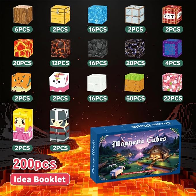 200PCS Magnetic Blocks - Magnet Cubes, Lava Theme Magic Portal Set, Fade-Resistant STEM Sensory Building Bricks, Non-Toxic Montessori Construction Toys for 3+ Year Old Girls & Boys