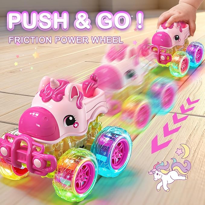 Girl Monster Truck for Toddlers 2-4: Princess Car, Girl Cars, Pink Monster Trucks for 1 Year Girls,Pull Back Cars for Toddlers 1-3,Unicorn Christmas Birthday Best Gift,Light Up for Kids