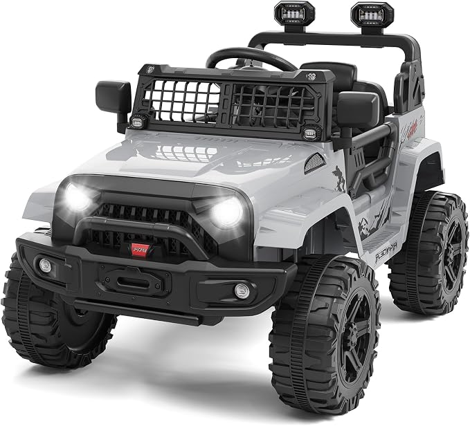 Hetoy 12V Ride on Toys with Parent Remote Control Toddler Electric Vehicle with Spring Suspension, LED Lights, Bluetooth, Music Player, 3 Speeds Ride on Car Truck for Kids Age 3-8 (Grey)