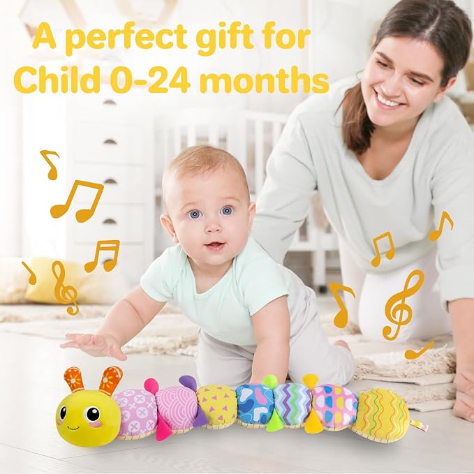 KMUYSL Baby Sensory Caterpillar Toys for 0-6 6-12 Months, Soft Plush Activity Toy with Crinkle, Rattle & Gentle Music, Tummy Time Toy for Infant Newborn, Early Development Toy Shower Gifts for Baby