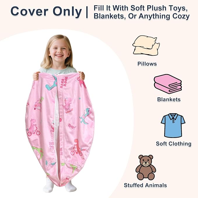 Lukeight Dinosaur Stuffed Animals Storage Bean Bag Chair Cover for Kids, Cozy Velvet Plush Toy Organizer Seat, Cover Only, No Filling Included, Long YKK Zipper, Side Pocket, X-Large 30 x 18 in