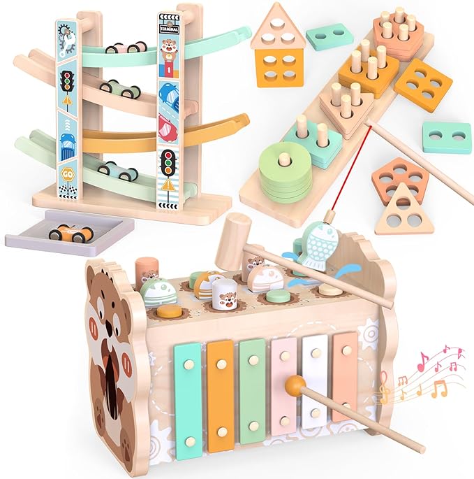 Weilim Montessori Toys for 1 Year Old, 3-in-1 Wooden Hammering & Ramp Toy | Shape Sorter, Stacking Blocks & Xylophone Build Fine Motor Skills; A Screen-Free First Birthday Gift, Boy or Girl
