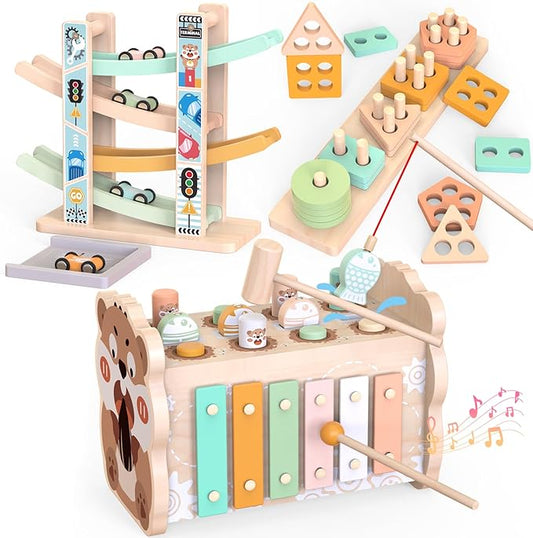 Weilim Montessori Toys for 1 Year Old, 3-in-1 Wooden Hammering & Ramp Toy | Shape Sorter, Stacking Blocks & Xylophone Build Fine Motor Skills; A Screen-Free First Birthday Gift, Boy or Girl