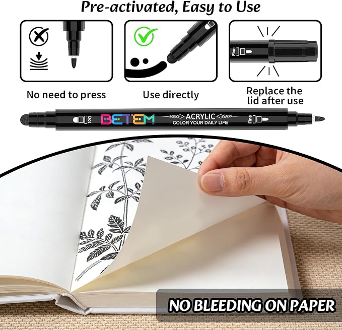 Betem 6 Black Dual Tip Acrylic Paint Markers, Fabric Decorating Kits Premium Water-Based Acrylic Paint Pens Art Supplies for Fabric, Rock, Wood, Glass, Canvas, Ceramic, Teacher Appreciation Gift