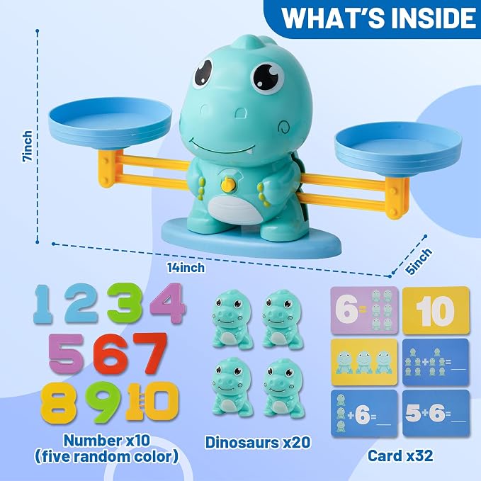 Dinosaur Math Balance Toy for Kids Ages 3-7, Montessori Number Blocks Learning & Educational Dinosaur Toys for Kids 3-5 and Math Games for Kids 5-7,Ideal Gift for Kids (Basic Blue)
