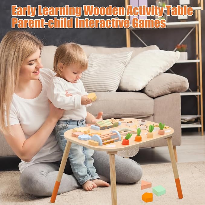 Wooden Activity Table for 1 Year Old Toddlers Sensory Table Activity Center 1-3 2 Baby Activity Table Kids Gift Game Wooden Montessori Table Shape Sorter Sensory Toys (Length*Height: 17"*11.8")