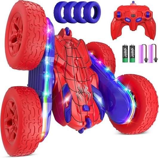 Jimdella Spider RC Cars Toys for Boys 4-6, 2.4GHz Remote Control Car with 26 LED Light System, 360° Flips, Changeable Wheels, Rechargeable All-Terrain Truck Gift for Kids Ages 4-8