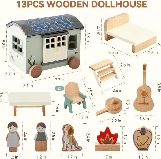Youuys Wooden Dollhouse Camping Recreational Vehicle - Portable Playhouse Set with 2 Dolls, Pretend Camping House with Smooth-Rolling Wheels, Ready to Play Toy Gift for Boys Girls Kids Age 18M 13PCS