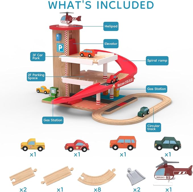 Wooden Parking Garage Toy Set for Toddlers Ages 3-5 - Hand-Crank Elevator & Spiral Ramp Track, Compatible with Standard Train Tracks, Birthday for Boys and Girls