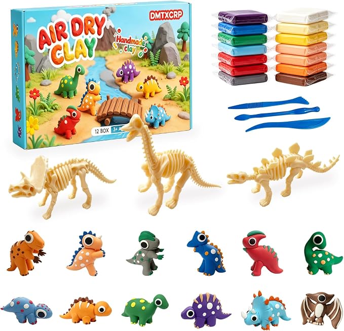 Air Dry Clay Dinosaur Kit for Kids, 12 Dino Skeleton Craft Set | 12 individual boxes, colorful materials, 3 sculpting tools, step-by-step guide, STEM party favors and birthday activity