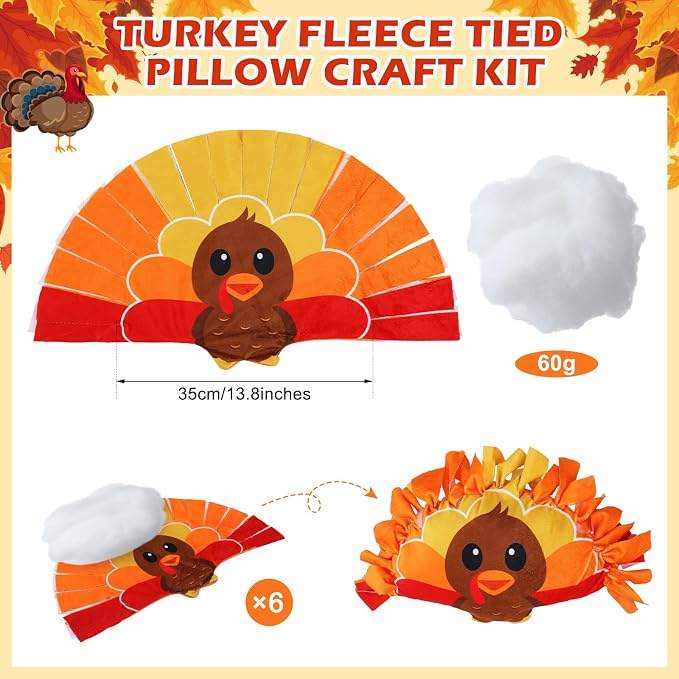 Weysat 6 Sets Thanksgiving Fall Turkey Tied Pillow Craft Kit DIY Turkey Pillow Craft Gifts with PP Cotton for Fall Harvest Thanksgiving Party Decor VBS School Favors Classroom Giveaways