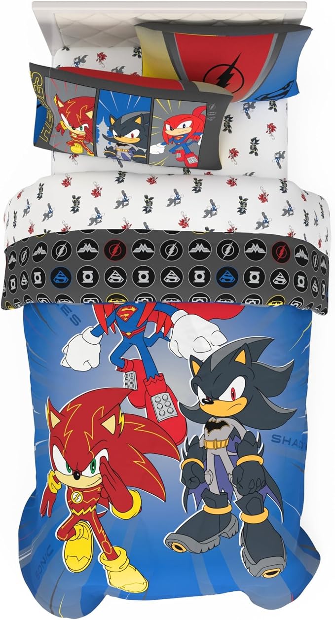 DC x Sonic The Hedgehog Kids Bedding Set, Twin Size, 4-Piece Super Soft Cozy Reversible Comforter & Sheet Set (Officially Licensed Product) by Franco