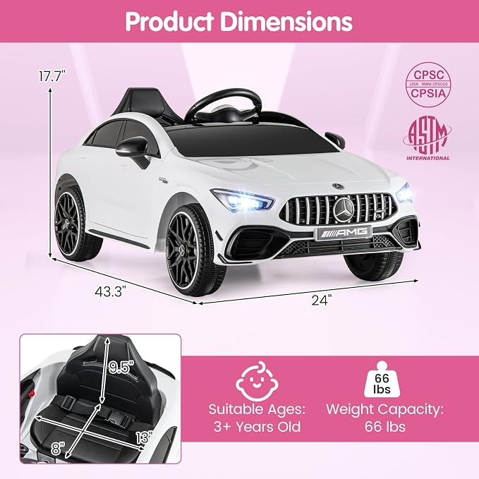 Costzon Ride on Car, 12V Licensed Mercedes-Benz Kids’ Electric Vehicles with Parent Remote, Rocking Function, Music & Horn, LED Headlights & Soft Start, Battery Powered Kids Car Toy for Ages 3+(White)
