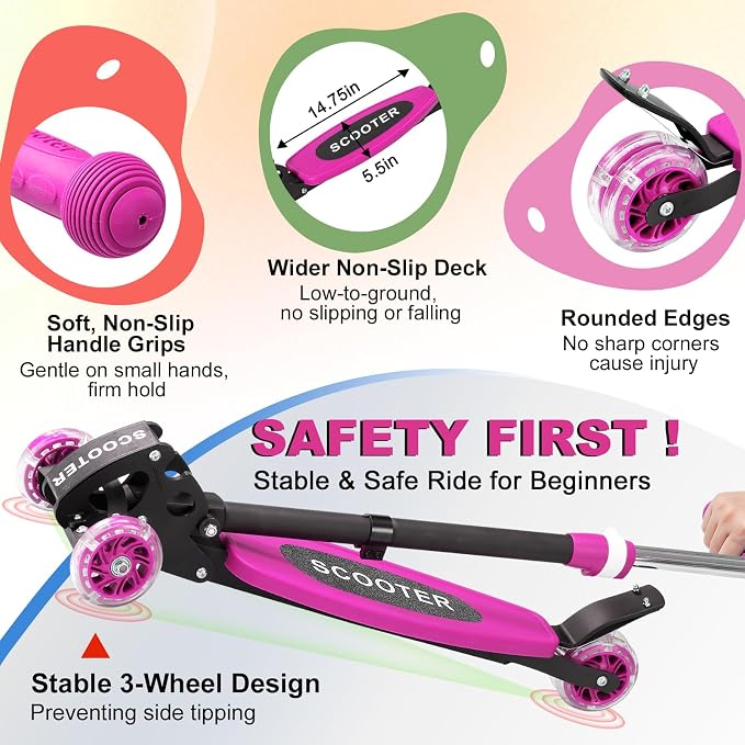 Scooter for Kids 3-5 5-7,Light up 3 Wheels Kick Scooter,Heavy Duty Folding Lean-to-Steer Scooters with 3 Adjustable Handlebar for Boys Girls,Widen Anti-Slip Deck,Rear Break,Holds up to 150Lbs