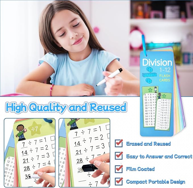 Division Flash Cards 1-12, 15PCS Times Table Flash Cards Chart, with Dry Erase Markers Sorting Ring, 1st, 2nd, 3rd Grades Educational Math Division Game for Kids Classroom Home