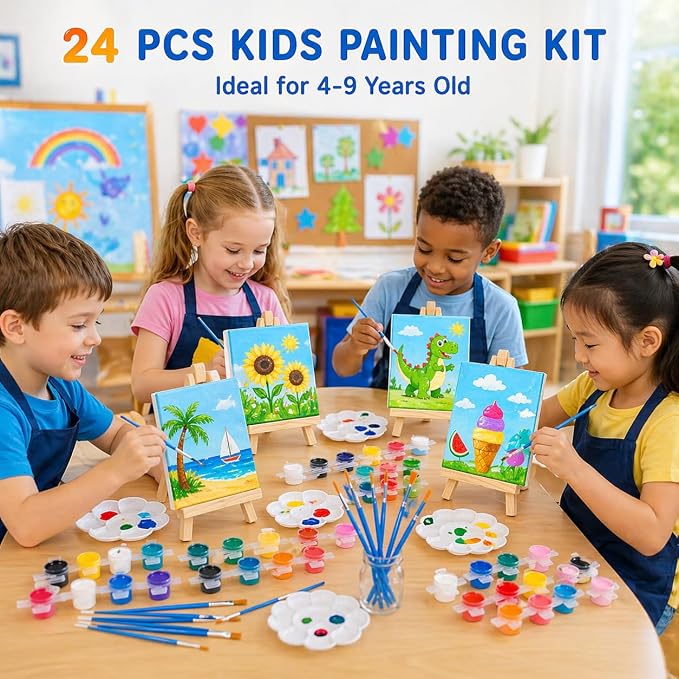 FLUXOJOY 24 Pack Kids Painting Kit, DIY Canvas Painting Set with Easels, Acrylic Paints, Brushes & Palettes, Summer Art Craft Kit for Kids Ages 4-8, Party Favors Classroom Activities Gift