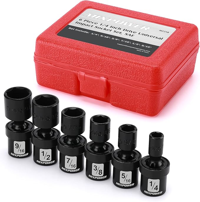 MIXPOWER 6PCS 1/4" Drive SAE Shallow Universal Impact Socket Set, 1/4" - 9/16", Swivel Socket with Flexible Wobble, CR-MO