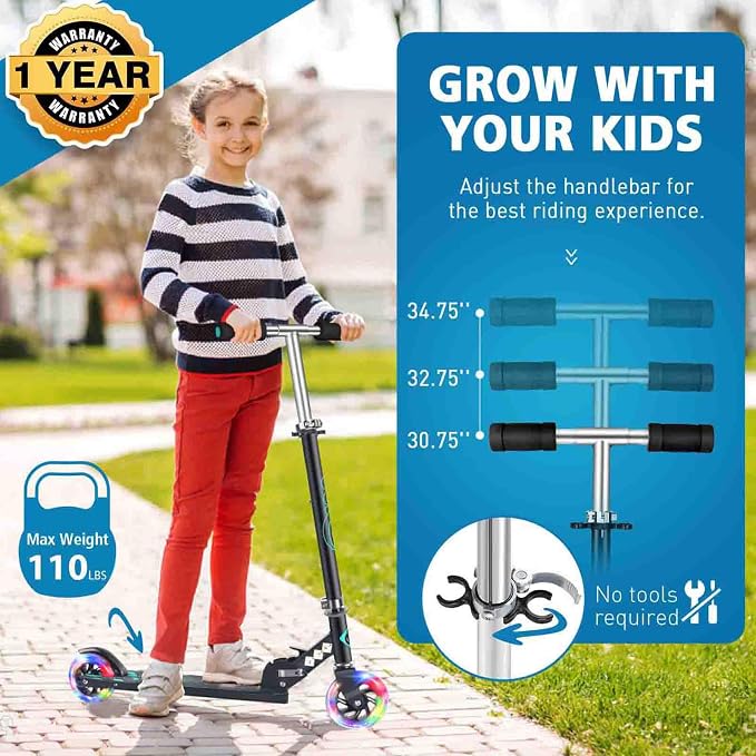 BELEEV V1 Scooters for Kids, 2 Wheel Folding Kick Scooter for Girls Boys, 3 Adjustable Height, Light Up Wheels, Lightweight Scooter with Sturdy Frame, Kickstand for Children 3 to 12 Years Old