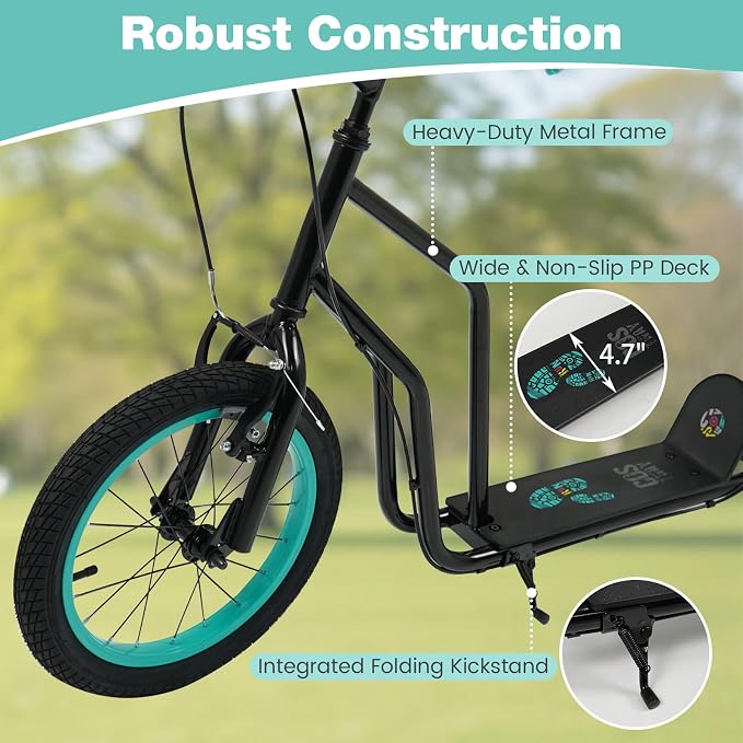 Costzon Big Wheels Kick Scooter for Kids 8+, Youth Scooter with Foldable & Height Adjustable Handlebar, Inflatable Shock Absorption Wheels, Dual Brakes for Teens, Adults, Max Load 220 LBS