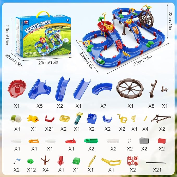 VATOS 2-Tier Watermill Summer Water Table, 124 PCS DIY Water Table with Water Pump Toys for Toddlers 3-5 4-7 Years Old, Fun Water Playset Outdoor Water Summer Toys for Backyard, Beach, Balcony, Garden
