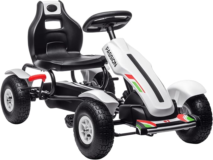 Aosom Kids Pedal Go Kart, Outdoor Ride on Toys with Adjustable Seat, Sharp Handling, Handbrake, 4 Non-Slip Rubber Wheels for Boys & Girls Aged 5-12 Years Old, White
