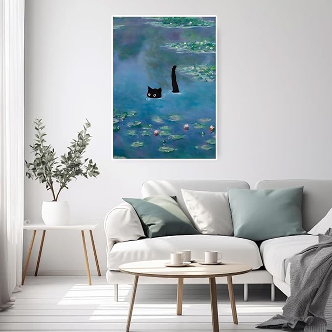 RYMILIE Black Cat Diamond Art Kits for Adults, 5D Lotus Pond Diamond Art Kits for Beginners, DIY Full Drill Paint with Diamond, Home Wall Decor 12 x 16 Inch