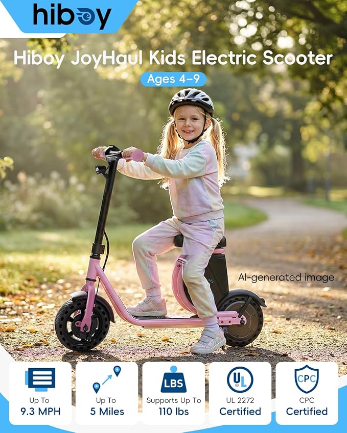 Hiboy JoyHaul Electric Scooter for Kids Ages 4-9, with Seat, UL 2272 Certified, 100W Motor, 5 Miles Range, 9.3 MPH, LED Lights, Under-Seat Storage & Front Brake