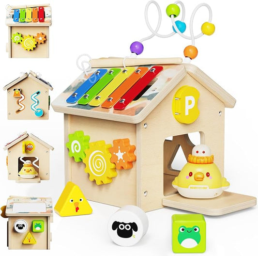 9-in-1 Wooden Activity Cube, Montessori Baby Activity Center Toys for 1+ Year Old Boys & Girls, Farm Theme Baby Cube with Car Toys & Shape Sorter, Educational Toy for Toddlers, Ideal Baby Gifts