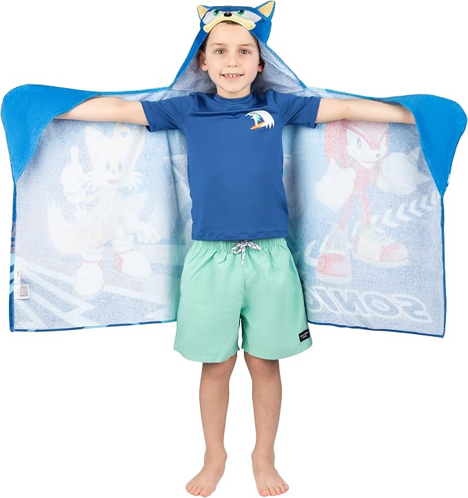Sonic The Hedgehog, Anime, Bath/Pool/Beach Soft Cotton Terry Hooded Towel Wrap, 24 in x 50 in, By Franco Kids