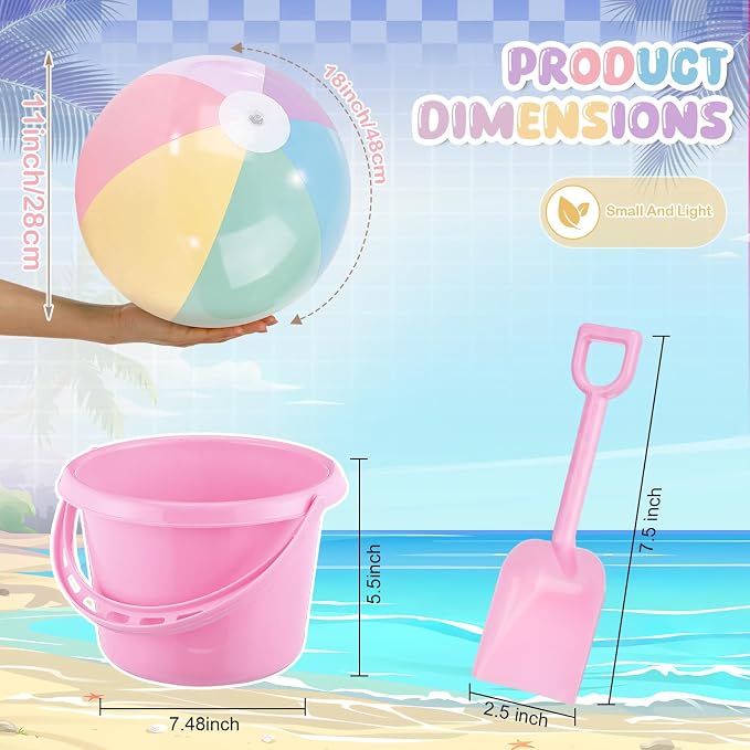 Lunmon 18 Pcs Beach Toys for Kids 6 Set Sand Buckets Shovels Bulk Pastel Beach Balls Inflatable Sand Toys for Girls Boys Toddlers Games Birthday Summer Pool Party Favor (Macaron, Cute)